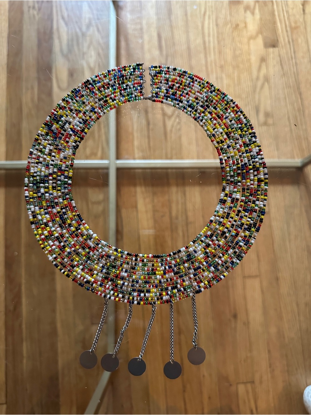 Maasai- Multicolor Seed Bead Collar Necklace with Silver Discs